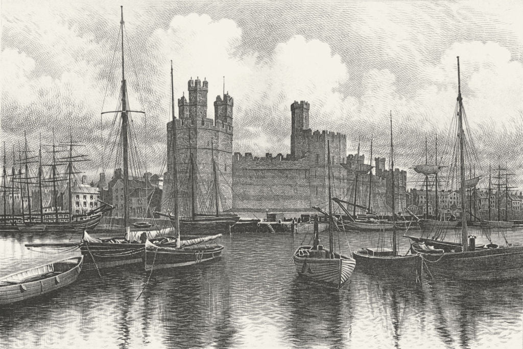 WALES. Caernarfon Castle. Barbner sepia 1895 old antique vintage print picture
